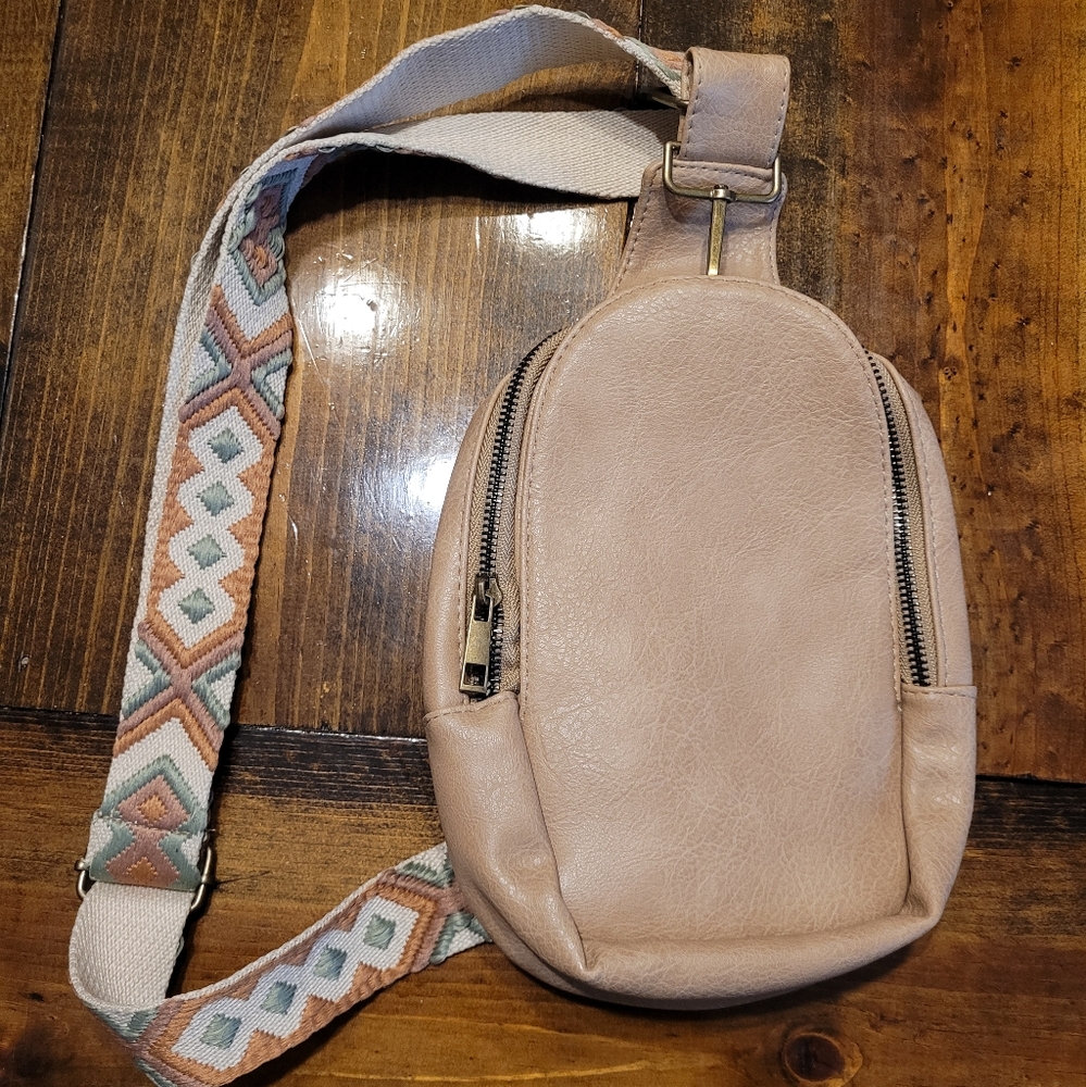 Tan Crossbody Bag with Adjustable Geometric Print Strap and Metal Zipper